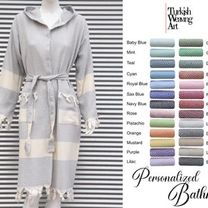 Light Gray Colored Bathrobe For Bachelorette Party, Unisex Robe, Bathrobe For Gift, Embroidered Bathrobe with Hood, Personalized Housecoat