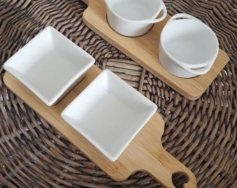 Double dip dishes on bamboo trays