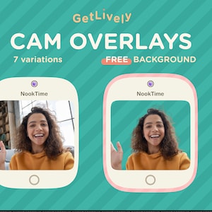 Peut inclure: Image promotionnelle pour "CAM OVERLAYS" avec le texte "GetLively". L'image montre une femme en appel vidéo dans un cadre en forme de téléphone. Le texte "7 variations" et "FREE BACKGROUND" est également affiché. Le fond est turquoise avec des rayures diagonales blanches.