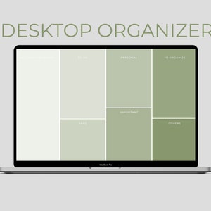 Puede incluir: Una pantalla de computadora portátil que muestra un organizador de escritorio con un diseño de cuadrícula. La cuadrícula está dividida en secciones etiquetadas como "Para organizar", "Personal", "Importante", "Aplicaciones", "Para hacer" y "Otros".