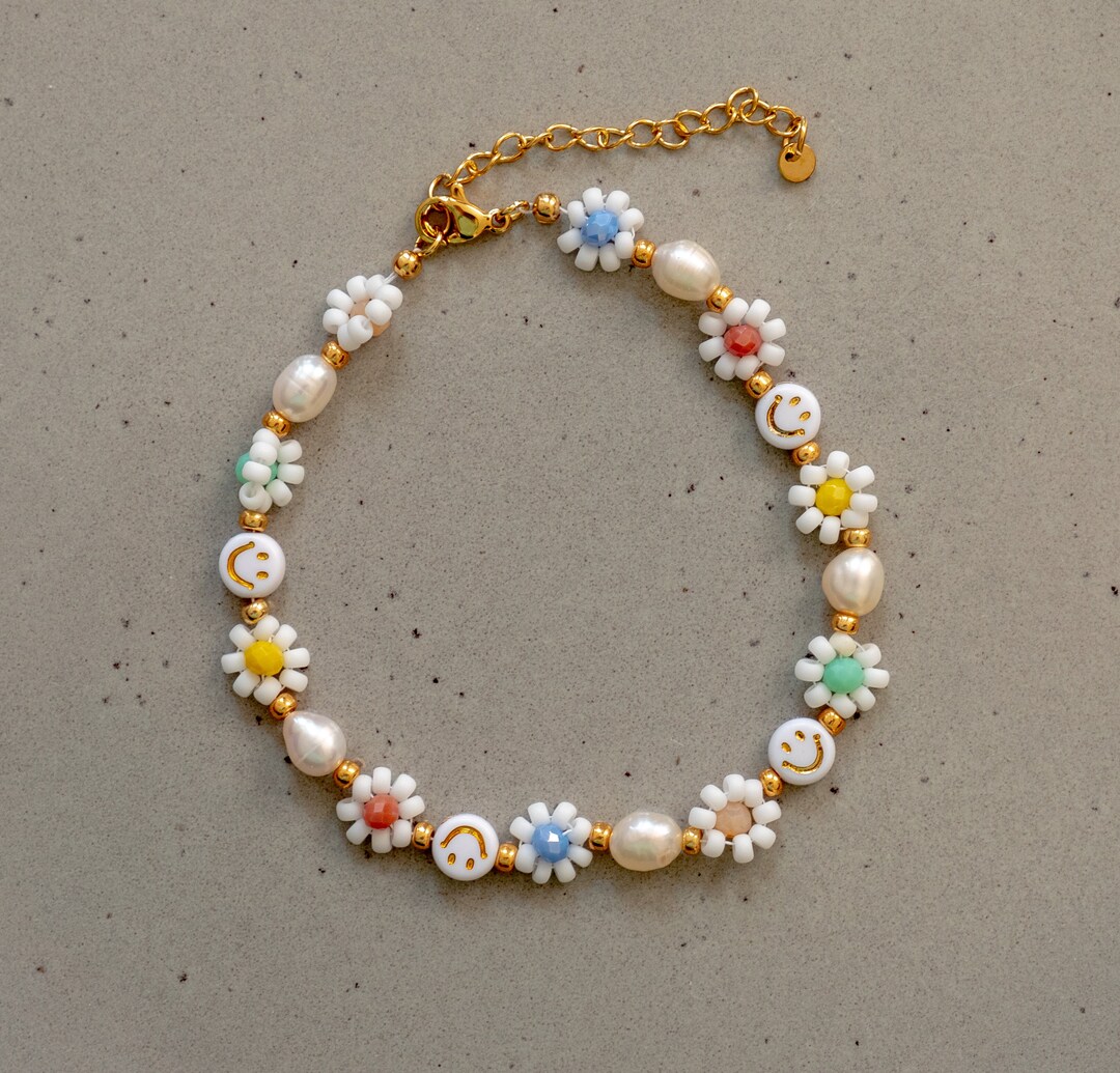 Anklet Daisies Flowers Pearls & Smiley Etsy