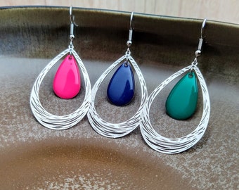 Silver dangling earrings in the shape of a water drop, boho chic style, navy blue, green, fuchsia, women's gift