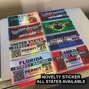 Street Racing Permit 2026 Holographic Novelty Vinyl Car Decal All States plus Countries