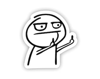 May include: Black and white line drawing of a cartoon character giving the middle finger with a sarcastic expression.