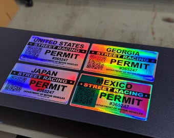 Street Racing Permit Holographic Novelty Vinyl Car Decal All States plus Countries