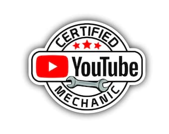 May include: A white and black circular sticker with the text "CERTIFIED YouTube MECHANIC" and a red YouTube play button icon. Three red stars are above the text "YouTube". A wrench is below the text "YouTube".