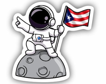 Bandera de Puerto Rico con el Hombre en la Luna, casco, portátil, botella de agua, nevera portátil, divertida, calcomanía, linda, vinilo