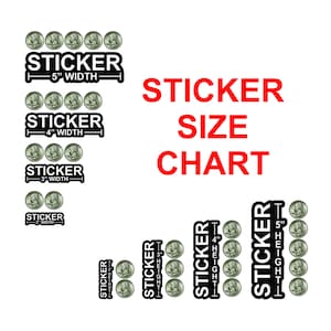 Pu&ograve; includere: Un grafico che mostra diverse dimensioni di adesivi, con ogni dimensione rappresentata da una fila di adesivi delle dimensioni di un dollaro d'argento. Il grafico &egrave; etichettato "Sticker Size Chart" in testo rosso. Gli adesivi sono disposti in file di 5, con ogni fila che rappresenta una dimensione diversa. Le dimensioni sono etichettate in pollici: 2", 3", 4" e 5".