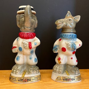 Vintage 1968 Jim Beam Republican Elephant and Democrat Donkey Clown Decanters