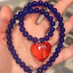Red heart necklace; chunky necklace; blue beaded necklace; heart necklace; statement necklace; summer necklace; trending necklace; blue neck