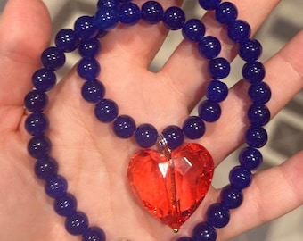 Red heart necklace; chunky necklace; blue beaded necklace; heart necklace; statement necklace; summer necklace; trending necklace; blue neck