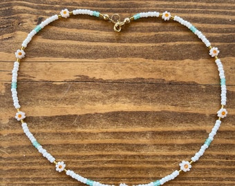 Daisy necklace; flower necklace, beaded necklace, seed bead necklace, turquoise necklace, white necklace, summer necklace, stacking necklace