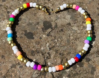 Beaded necklace; gold bead necklace; rainbow bead necklace; bead necklace; pony bead necklace; y2k necklace; summer necklace; statement neck