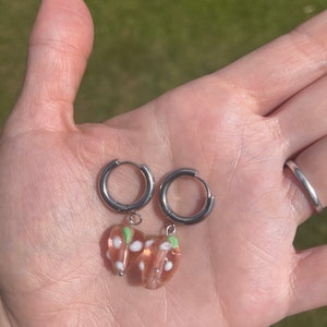 Strawberry earrings; pink glass heart earrings; hand blown glass earrings; strawberry hoop earrings; strawberry beads; strawberry jewellery;