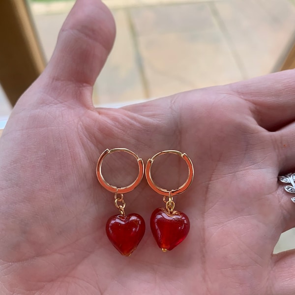 Murano glass heart earrings; red heart earrings; glass heart earrings; red heart hoops; heart hoop earrings ; heart pearl earrings;