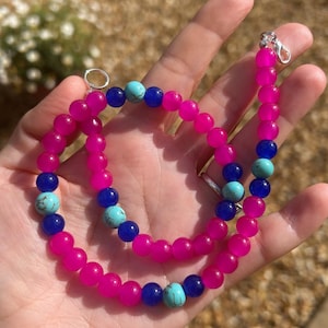 Pink beaded necklace; turquoise beaded necklace; trending necklace; summer necklace; chunky bead necklace; beaded necklace; hot pink necklac