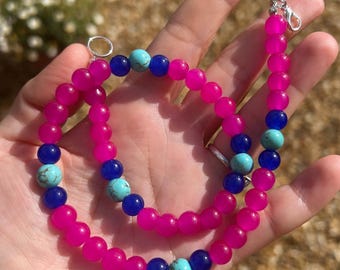 Pink beaded necklace; turquoise beaded necklace; trending necklace; summer necklace; chunky bead necklace; beaded necklace; hot pink necklac