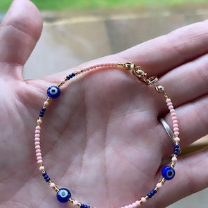 Lucky eye bracelet, Turkish eye bracelet, seed bead bracelet, Greek eye bracelet, evil eye bracelet, pink bead bracelet, stacking bracelet