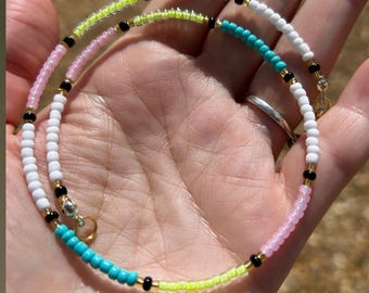 Beaded necklace; bead necklace, turquoise necklace, seed bead necklace, pink necklace, white necklace, summer necklace, stacking necklace