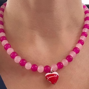 Pink bead necklace; red and pink necklace; heart necklace; red heart necklace; trending necklace; viral necklace; heart bead necklace; heart image 8