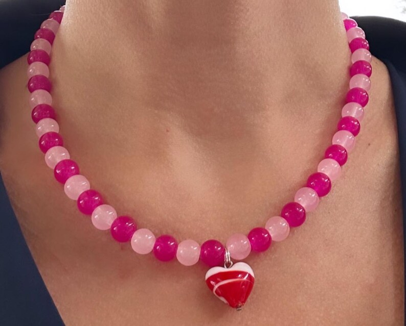 Pink bead necklace; red and pink necklace; heart necklace; red heart necklace; trending necklace; viral necklace; heart bead necklace; heart image 8