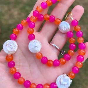 Beaded necklace; pearl and bead necklace; large pearl necklace; pink and orange bead necklace; summer necklace; holiday necklace; pink neckl