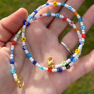 Millefiori necklace; glass flower bead necklace; beaded necklace; flower necklace; dainty necklace; bead necklace; white bead necklace; summ