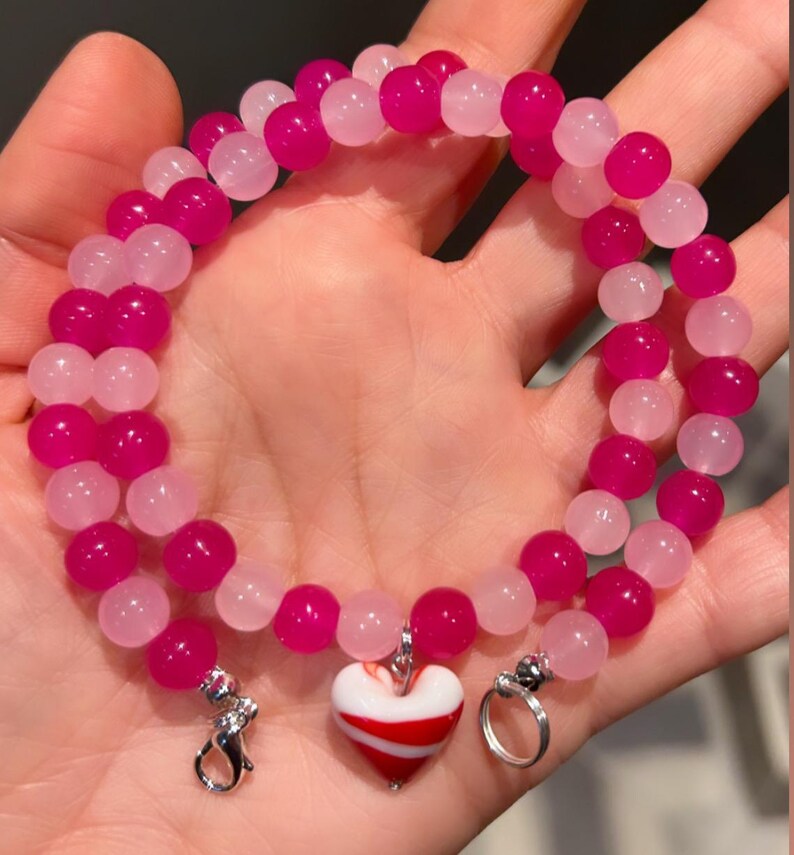 Pink bead necklace; red and pink necklace; heart necklace; red heart necklace; trending necklace; viral necklace; heart bead necklace; heart image 2