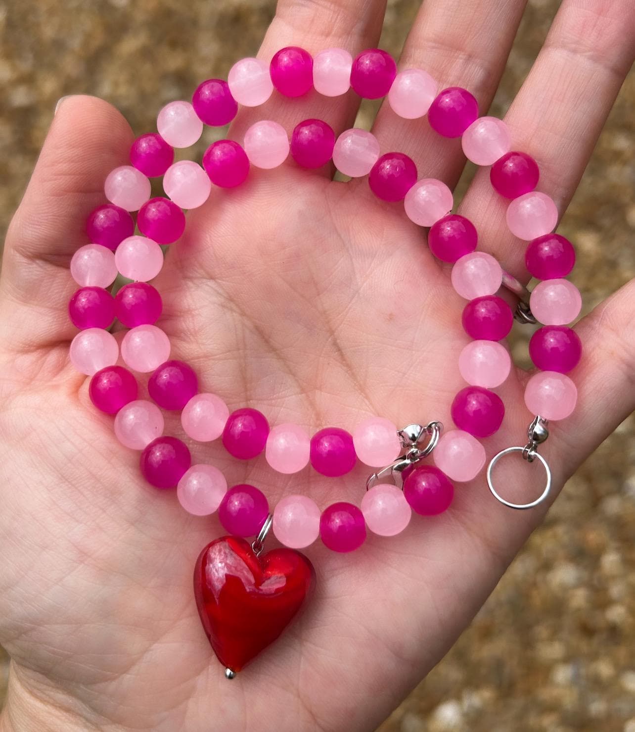 Pink Bead Necklace; Red and Pink Necklace; Heart Necklace