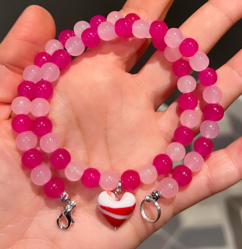 Pink bead necklace; red and pink necklace; heart necklace; red heart necklace; trending necklace; viral necklace; heart bead necklace; heart image 3