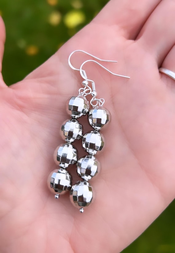 Glitterball earrings glitter ball earrings glitterball drop earrings glitterball silver earrings statement earrings party earrings
