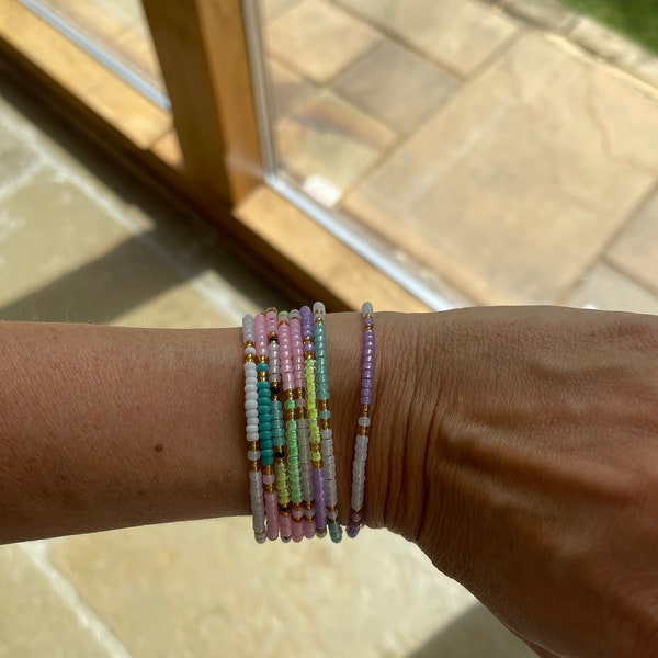 Bead bracelet; seed bead bracelet; pink bracelet; beaded bracelet; turquoise bracelet; stacking bracelet; gold bead bracelet; white bead bra