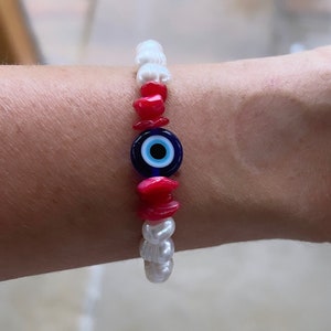Pearl bracelet; pearl & red coral bracelet; lucky eye bracelet; evil eye bracelet; Turkish eye bracelet; pearl and lucky eye bracelet; red