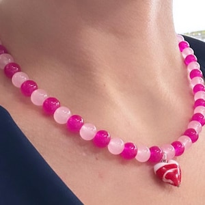 Pink bead necklace; red and pink necklace; heart necklace; red heart necklace; trending necklace; viral necklace; heart bead necklace; heart image 6