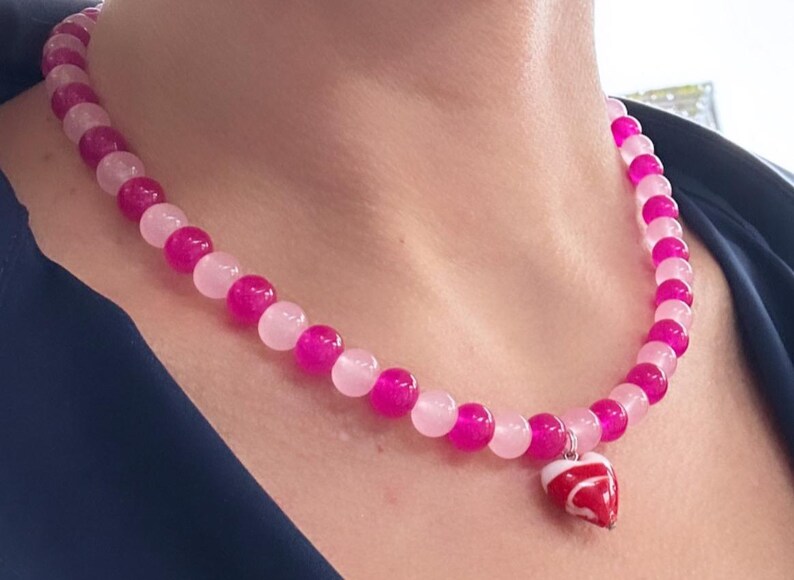 Pink bead necklace; red and pink necklace; heart necklace; red heart necklace; trending necklace; viral necklace; heart bead necklace; heart image 6