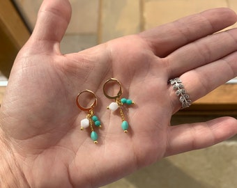 Turquoise hoop earrings; turquoise earrings; turquoise and white hoop earrings; turquoise and white earrings; blue hoops; green hoops; Czech