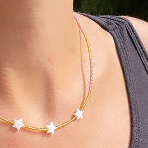 Star beaded necklace; star necklace; beaded necklace; bead necklace; gold beaded necklace; mother of pearl necklace; pink beaded necklace