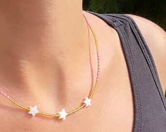 Star beaded necklace; star necklace; beaded necklace; bead necklace; gold beaded necklace; mother of pearl necklace; pink beaded necklace
