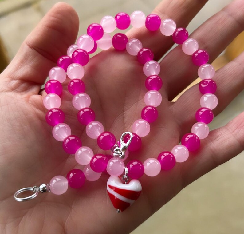 Pink bead necklace; red and pink necklace; heart necklace; red heart necklace; trending necklace; viral necklace; heart bead necklace; heart image 4