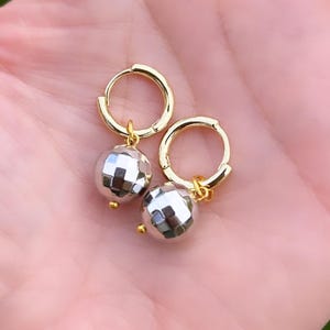 Glitterball earrings; glitterball hoops; glitter ball earrings; silver glitterball earrings; glitterball beads; silver and gold earrings;
