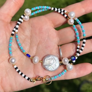 Pearl necklace; freshwater pearl necklace; lucky eye necklace; beaded necklace; bead necklace; baroque pearl necklace; trending necklace;