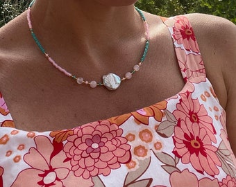 Baroque pearl necklace; pearl beaded necklace; pearl necklace; turquoise necklace; pink bead necklace; summer necklace; statement necklace;