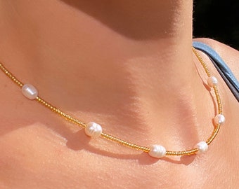 Pearl beaded necklace; pearl necklace; beaded necklace; bead necklace; gold beaded necklace; gold and pearl necklace; bead necklace