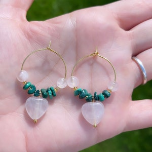 Rose quartz heart earrings; rose quartz earrings; malachite earrings; pink and green earrings; green crystal earrings; pink crystal earrings