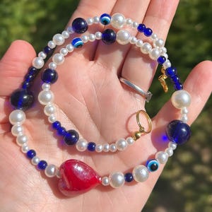 Pearl necklace; beaded necklace; lucky eye necklace; evil eye necklace; heart necklace; y2k necklace; summer necklace; blue bead necklace
