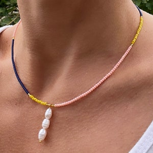 Pearl necklace; seed bead necklace; pink beaded necklace; turquoise beaded necklace; orange beaded necklace; gold beaded necklace; stacking