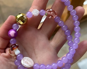 beaded necklace; lilac bead necklace; purple necklace; statement necklace; glitter ball necklace; strawberry necklace; happy necklace;