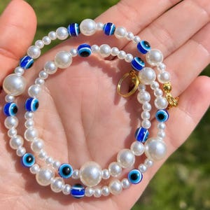 Pearl necklace; evil eye necklace; lucky eye necklace; Greek eye necklace; y2k necklace; all seeing eye necklace; summer necklace; beaded ne