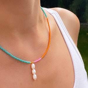Pearl necklace; seed bead necklace; pink beaded necklace; turquoise beaded necklace; orange beaded necklace; gold beaded necklace; stacking