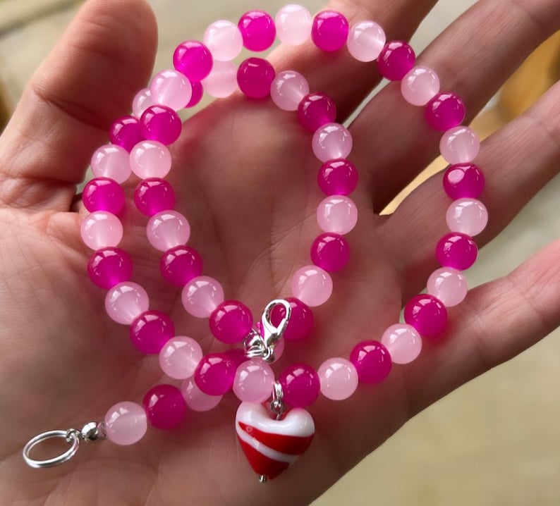 Pink bead necklace; red and pink necklace; heart necklace; red heart necklace; trending necklace; viral necklace; heart bead necklace; heart image 1